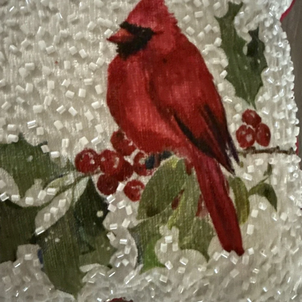 Cherished Traditions Beaded Christmas‎ Cardinal Pillow Holly Leaves 13